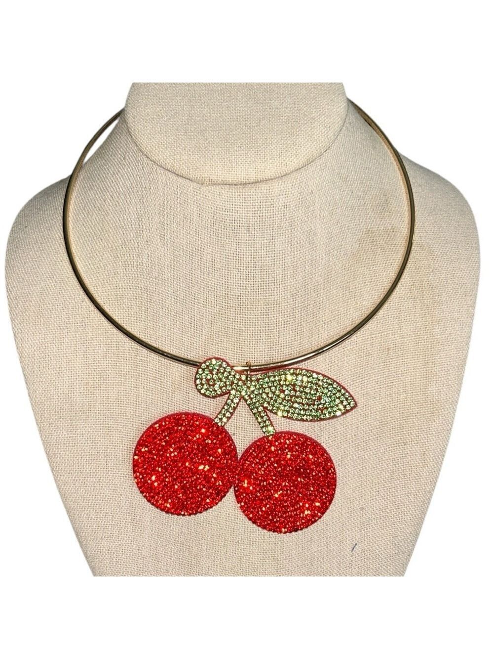 Ruby Red Rhinestone Encrusted Cherry Choker Statement Necklace